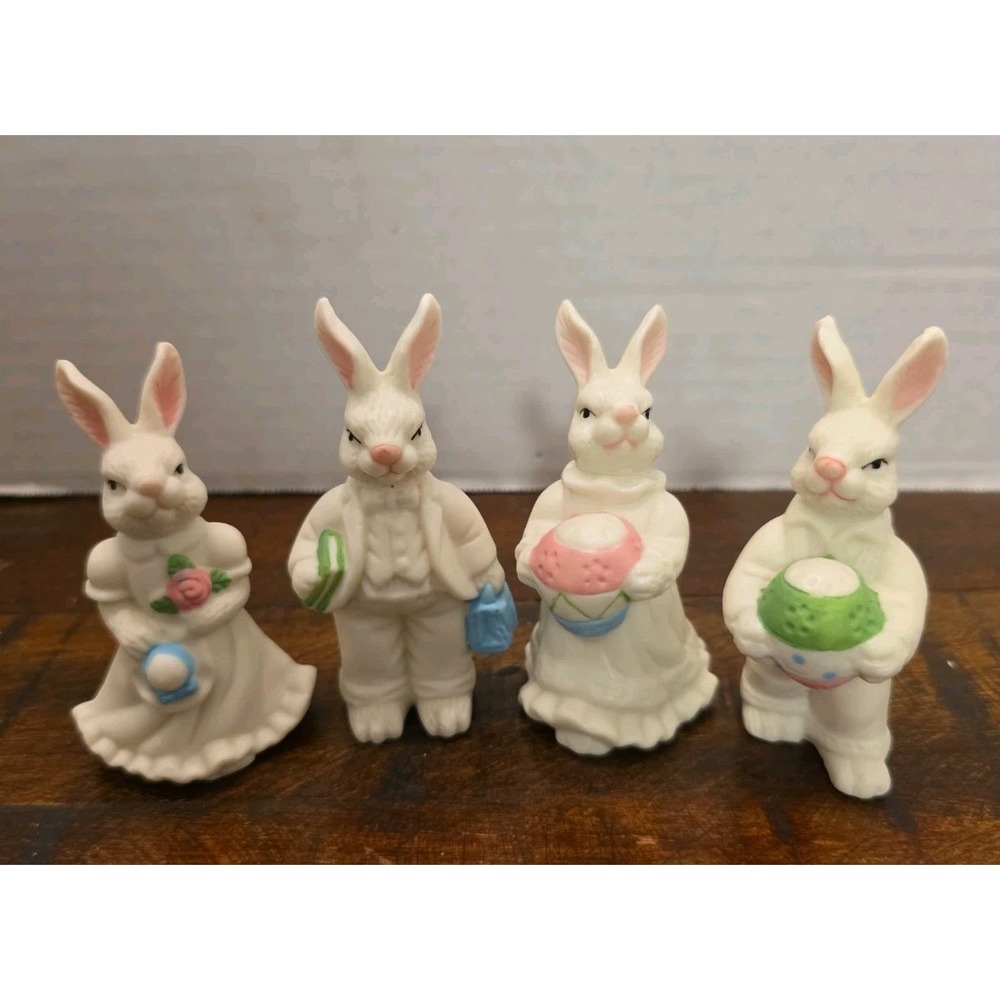 Vintage Easter Bunny Bisque Porcelain Figurines Set of 4 Pastel Rabbit Family